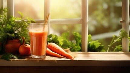Healthy carrot juice in a glass with carrots and vegetables on a wooden table. The concept of healthy nutrition, dietetics and vegetarianism.