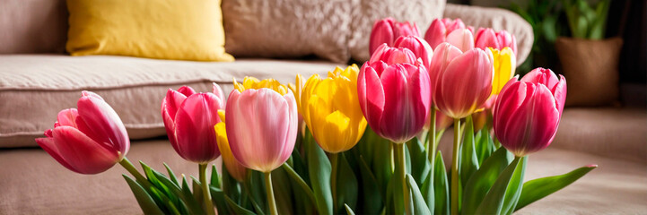 bouquet of beautiful tulips in the room. Selective focus.