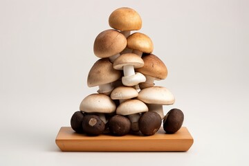Organic mushroom tower on bright studio backdrop, ideal for food or natural ingredient concept