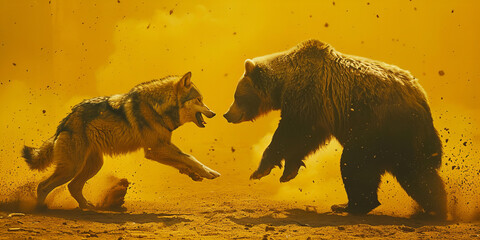 Stunning Golden Hour Encounter: A Bear and Wolf Standoff Banner in Natures Dusty Arena - obrazy, fototapety, plakaty