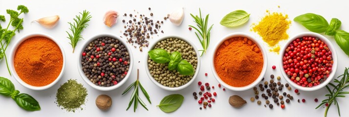 Colorful spices and herbs on white background, perfect for culinary concept or cooking.