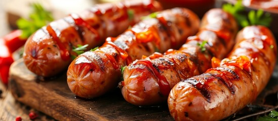 Close up of grilled sausages on a rustic wooden cutting board, a delicious dish made with meat and perfect for any food event or gathering