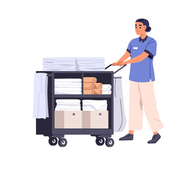 Hotel maid with clean towels, linen on trolley. Hostel worker with push cart, laundry for cleaning, washing and trash. Chambermaid, room service. Flat vector illustration isolated on white background