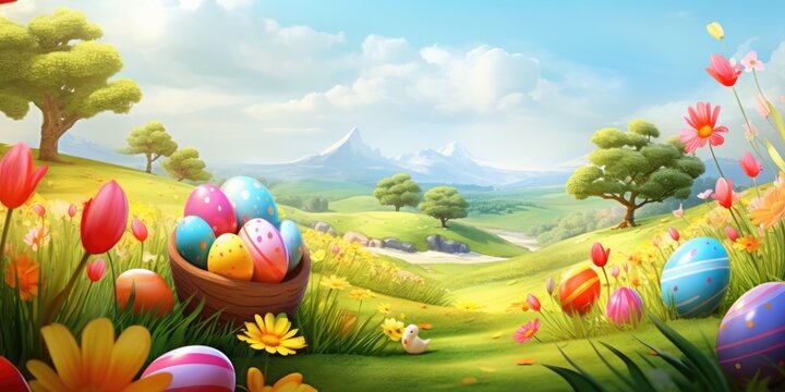 Colorful cartoon illustration of Easter eggs and flowers. Perfect for Easter-themed designs