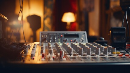 Close up of a sound board in a room, suitable for music production websites