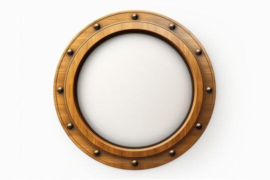 A wooden porthole with rivets on a white wall. Perfect for nautical themed designs