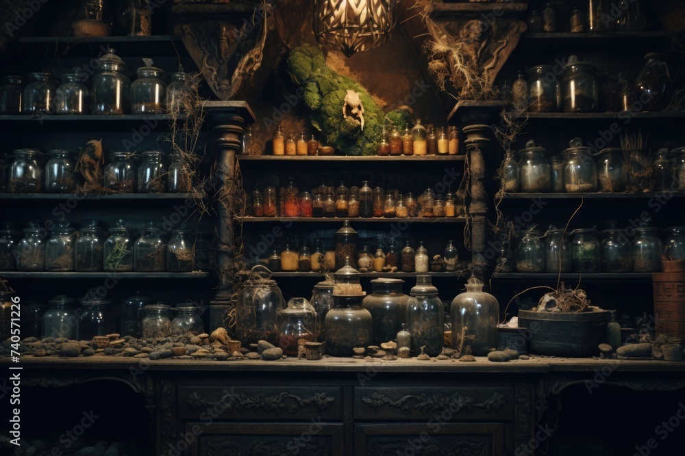 Poster a room filled with various bottles and jars. ideal for interior design concepts