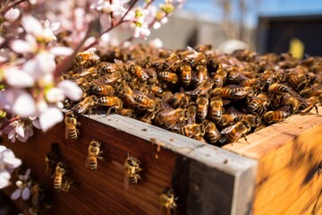 Gros plan sur une ruche d'abeilles près d'un cerisier » IA générative