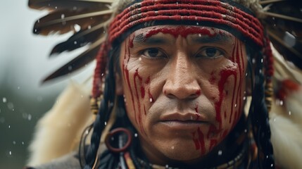 A man wearing a feather headdress with blood on his face, suitable for tribal or warrior themes