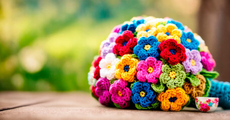 Crochet bouquet of flowers. Selective focus. - obrazy, fototapety, plakaty