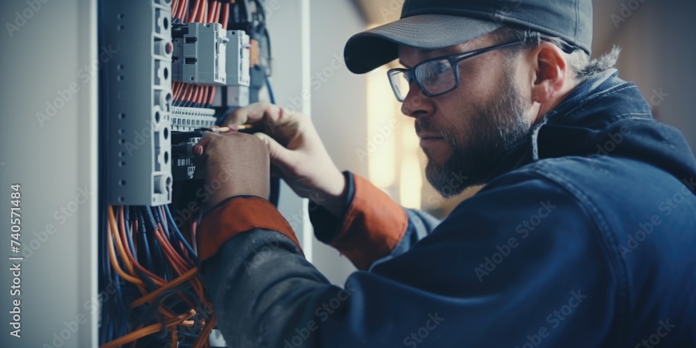 Poster a man in a cap and glasses working on an electrical panel. suitable for illustrating electrical work