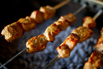 Skewers of kebabs cook over the hot coals of a barbecue grill in a home backyard setting,...
