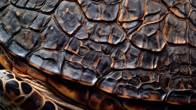 An upclose look at a turtle shell, riddled with small indentations and markings from encounters with microplastics in the ocean, highlighting the widespread impact of the crisis on marine