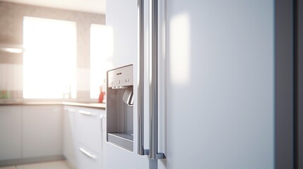 A white refrigerator freezer in a modern kitchen. Perfect for home appliance or interior design concepts