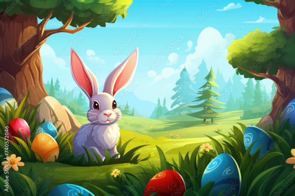 Poster A rabbit sitting in the middle of a forest. Suitable for nature and wildlife themes