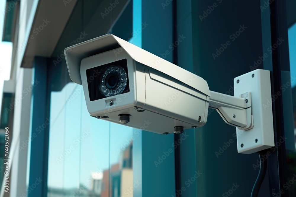 Poster A security camera attached to a building, ideal for security concepts