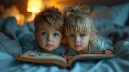 Little caucasian kids reading a book before bedtime. Kids reading bedtime story.