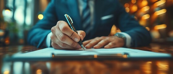 Closeup of businessman hands signing a contract. Businessman signing documents with a pen. - obrazy, fototapety, plakaty