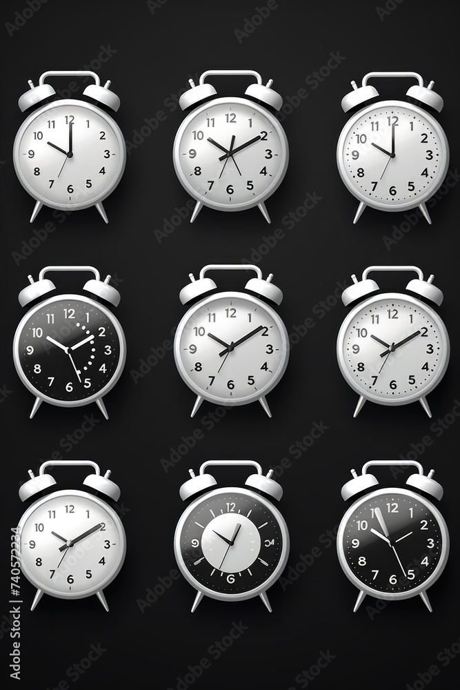 Poster A collection of various clocks on a dark backdrop. Ideal for time management concepts