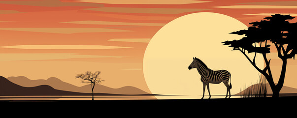 Zebra in the African savanna at sunset light, panoramic view, illustration generative AI
