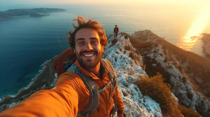  Hiker taking selfie on top of the mountain. Man hiking in mountain with landscape view. Man hiking. © Danyilo