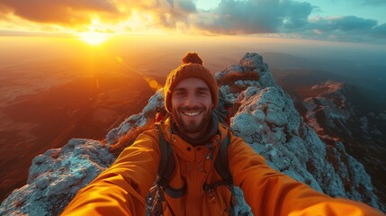 Hiker taking selfie on top of the mountain. Man hiking in mountain with landscape view. Man hiking. - obrazy, fototapety, plakaty