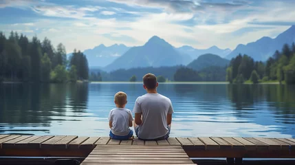 Foto op Canvas Father and son sitting together on a pier. Family sitting on pier looking at the lake in the summer. © Danyilo