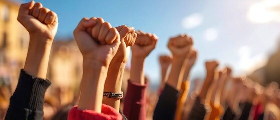 Fists in the air demonstrating protest. Protest concept. Strike concept. Revolution concept. Victory.