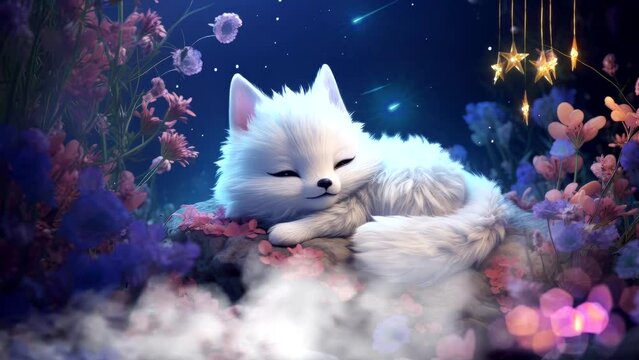 Dreamland Serenade: A White Fox Cub Rests Peacefully to the Gentle Lullaby of the Night