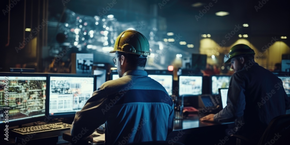 Aufkleber Two men in hard hats working on multiple computer screens. Suitable for technology and construction industry concepts