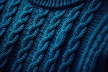 Detailed close-up of a blue sweater with cables. Suitable for fashion or knitwear concepts