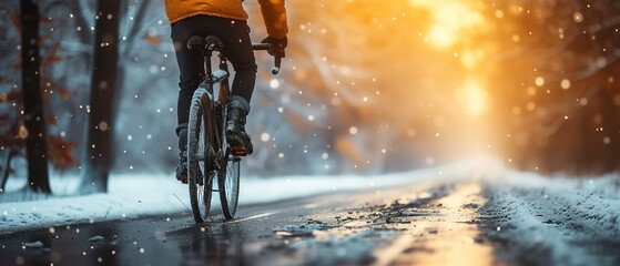 Man riding bike in bike lane. Man biking on the road. Cyclist biking in the winter. - obrazy, fototapety, plakaty