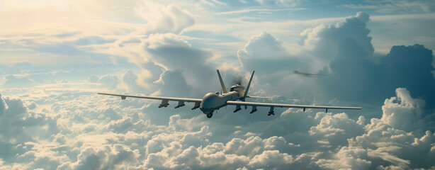 Unmanned military drone flying in the sky.