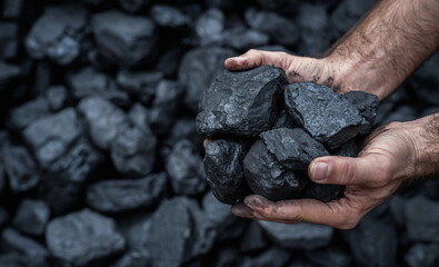 Close up of human hands holding pile of coal with copy space