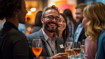 Group of coworkers drinking wine at a event. Business executives socializing and talking about work. - obrazy, fototapety, plakaty