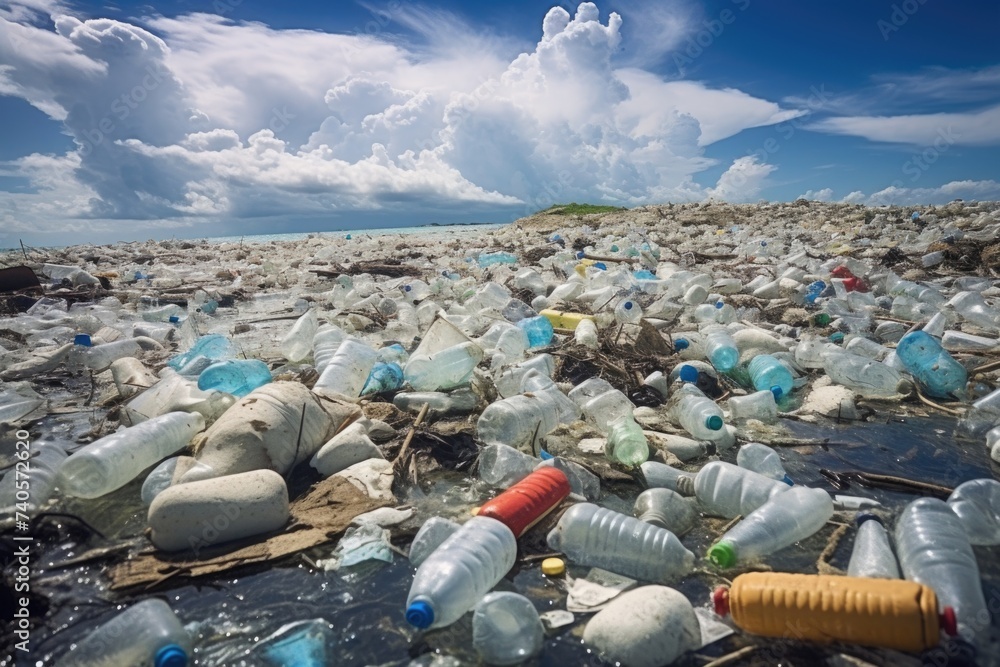 Poster a beach covered in plastic bottles and debris. suitable for environmental concepts