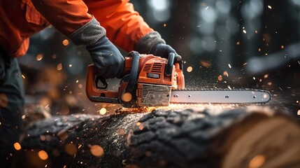 Man cutting log with a chainsaw. Closeup of chainsaw cutting log. Lumberjack Preparing timber wood. - obrazy, fototapety, plakaty