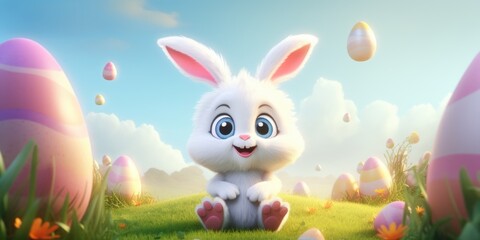 Cute cartoon bunny sitting in a field of colorful Easter eggs. Perfect for Easter holiday designs