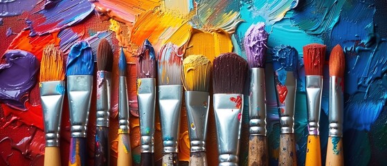 Closeup photo of dirty paintbrushes. Paintbrush on palette with different colors. Abstract art. - obrazy, fototapety, plakaty