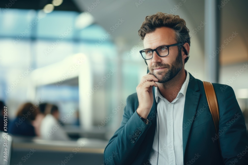Poster a man in a suit and glasses talking on a cell phone. suitable for business and communication concept