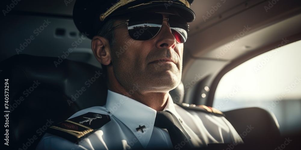 Poster a man in a pilot's uniform sitting in a car. suitable for travel and transportation concepts