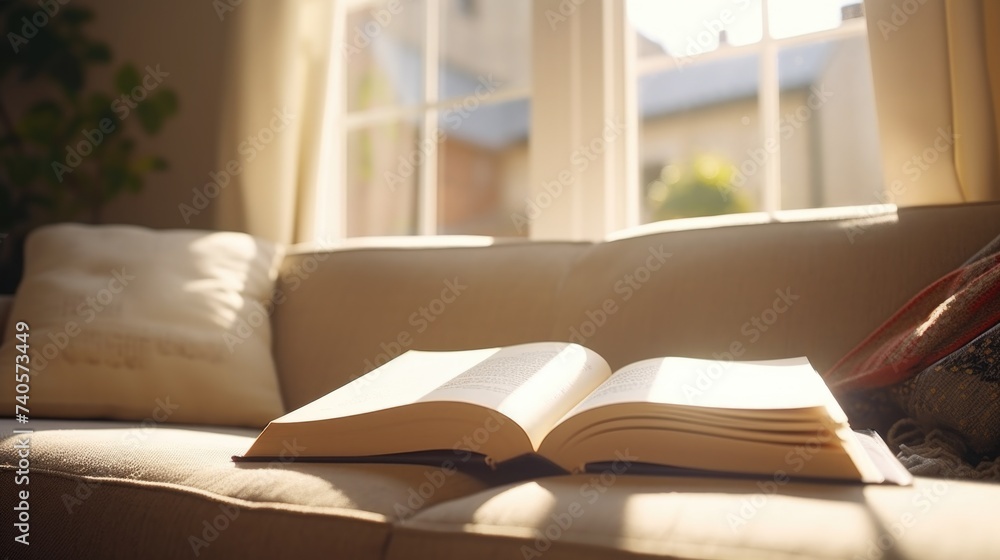 Poster a book laid open on a couch in front of a window, suitable for educational or relaxation concepts