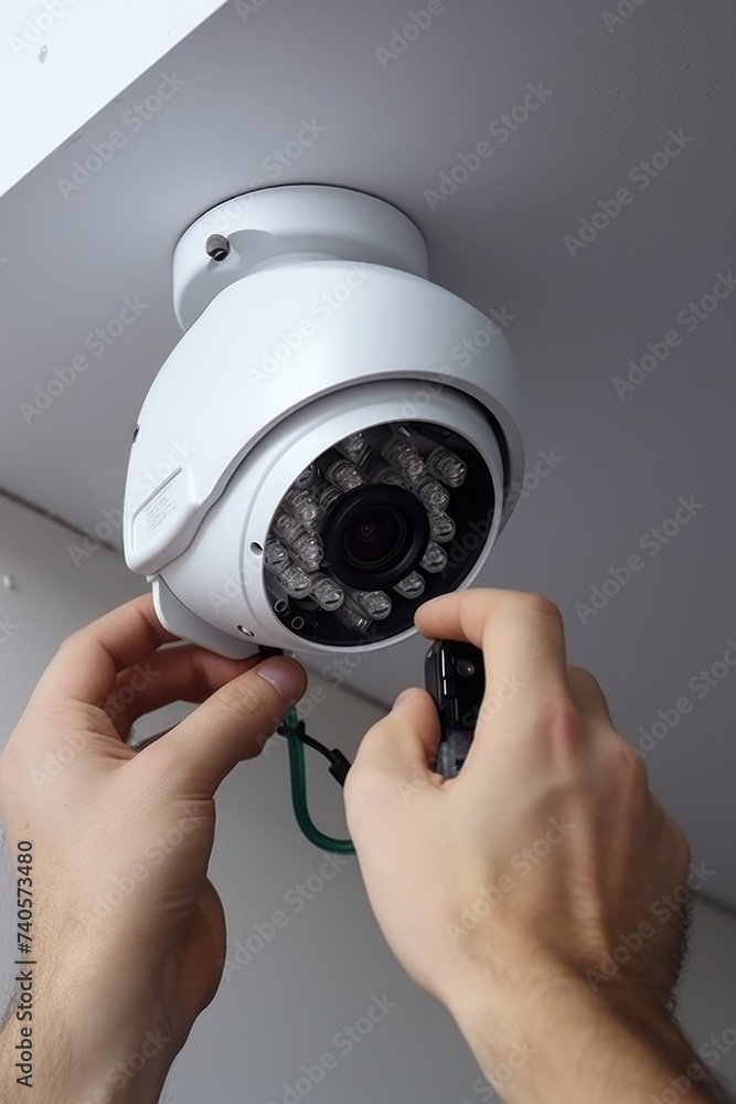 Poster A man is seen fixing a security camera on the ceiling. Suitable for security system installation concepts