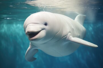 A cheerful white dolphin swimming gracefully underwater. Suitable for marine life concepts