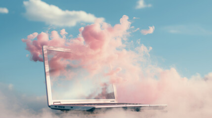 A sleek laptop floating in mid air with a dreamy backdrop of soft pink and blue fog and clouds