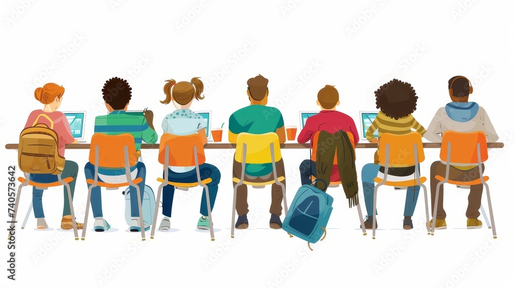 Aufkleber isolated white background with drawing of people working at desks with laptops, discussing start-ups