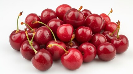 Fresh red cherries pile, top view   juicy ripe fruits, vibrant organic harvest on background.