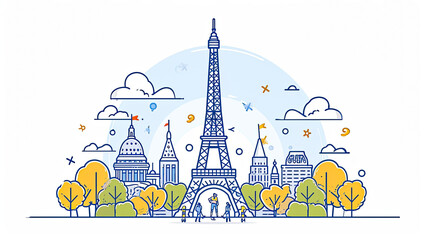 simple line art minimalist collage illustration with professional handball player training and Eiffel Tower in the background, olympic games, wide len - obrazy, fototapety, plakaty