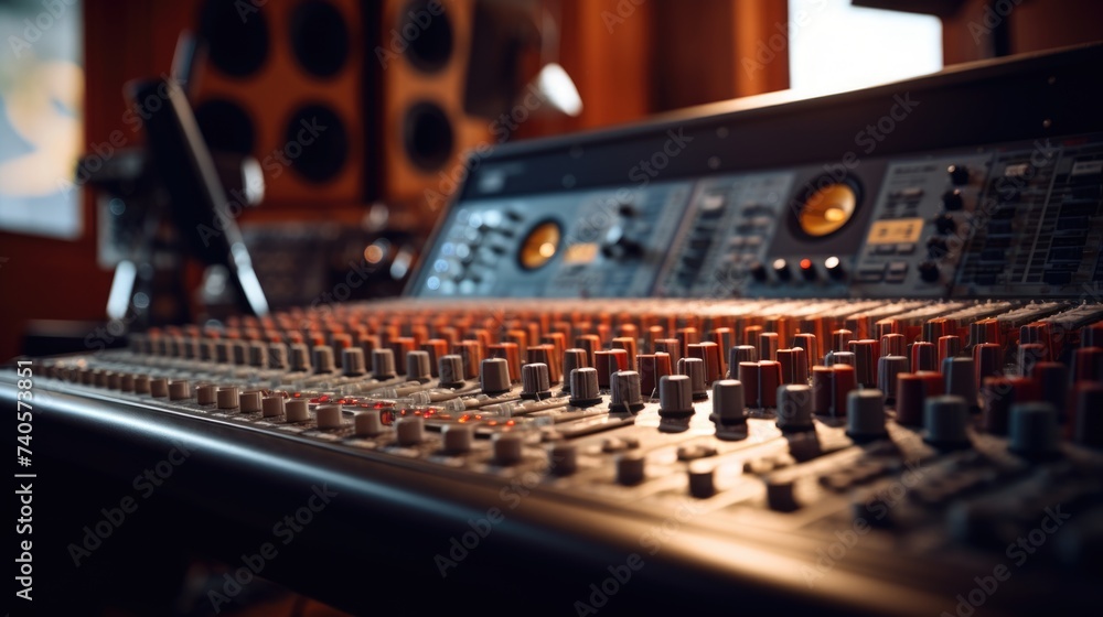 Poster detailed view of a sound board in a recording studio, perfect for music production projects