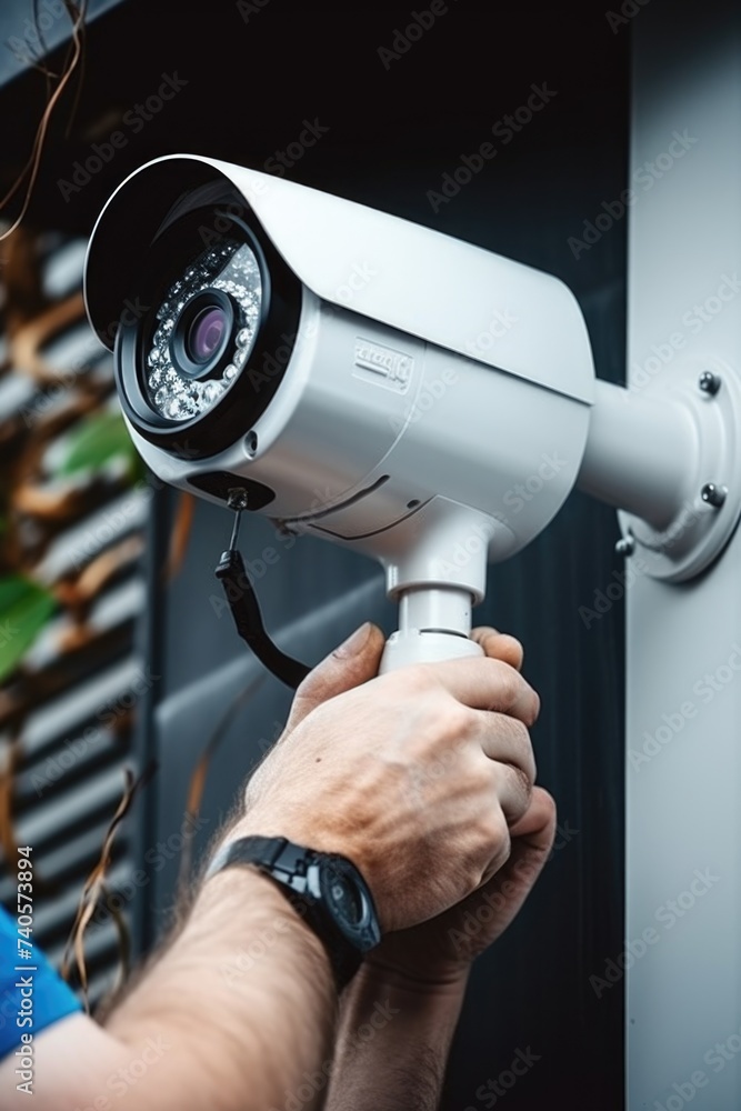 Poster A man using a security camera on a building. Suitable for security and surveillance concepts